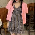 Sleeveless Check Frill Trim Mini A-line Dress / Short-sleeve Button-up Knit Top
