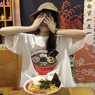 Ramen Noodles Print Elbow-sleeve T-shirt White - One Size