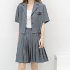 Set; Short-sleeve Plain Shirt + Pleated Mini Skirt