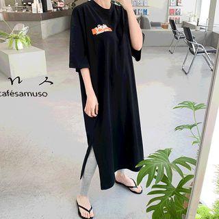 Letter-printed Slit-side Long T-shirt Dress