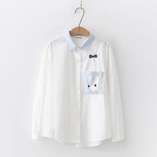 Cat Embroidered Pocket Patch Shirt