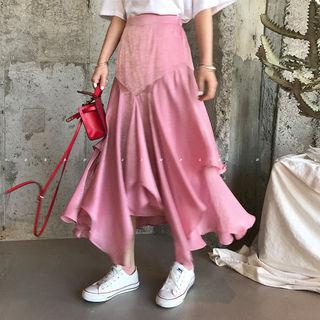 Band-waist Satin Tier-ruffled Maxi Skirt