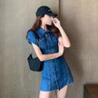 Denim Front Button A Line Dress Dark Blue - One Size