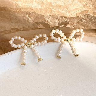 Faux Pearl Bow Earring 1 Pair - Silver Earrings - White & Gold - One Size