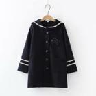 Bear Embroidered Sailor-collar Coat Navy Blue - One Size