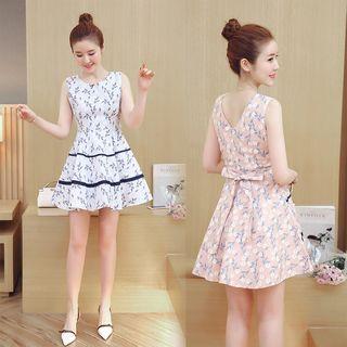 Floral Print Bow Accent Sleeveless Dress
