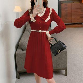Lantern-sleeve Ruffled Knit A-line Dress