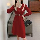 Lantern-sleeve Ruffled Knit A-line Dress