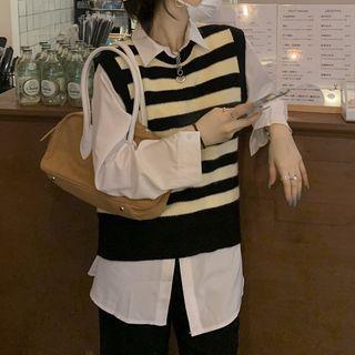 Knit Striped Vest Tank Top / White Oversize Shirt