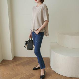 Frill-hem Plain T-shirt