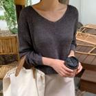 V-neck Plain Knit Top Gray - One Size