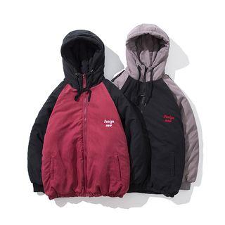 Color Block Embroidered Hooded Padded Coat