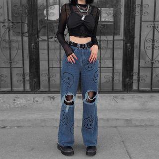 High Waist Cartoon Print Distressed Loose Fit Jeans