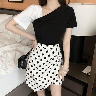 Set: Short-sleeve Color-block Top + Dotted A-line Skirt