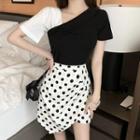 Set: Short-sleeve Color-block Top + Dotted A-line Skirt