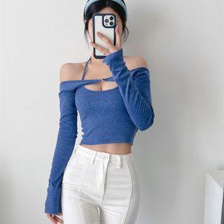Set: Long-sleeve Shrug + Halter Cropped Camisole Top