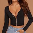 Faux Pearl Button Long-sleeve Top