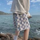 Checkerboard Pattern Denim Straight Leg Shorts