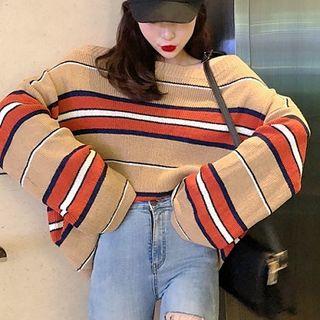 Long-sleeve Striped Knit Top Khaki - One Size