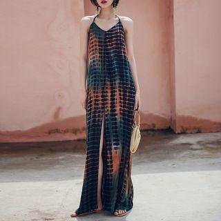 Halter-neck Tie-dye Slit-hem Maxi A-line Dress Green & Tangerine - One Size
