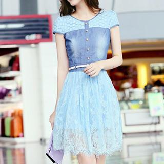 Short-sleeve Denim-panel Lace Dress