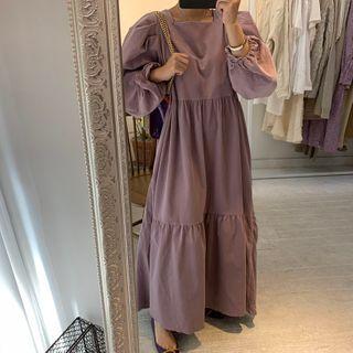 Square-neck Long-sleeve Maxi Shift Dress