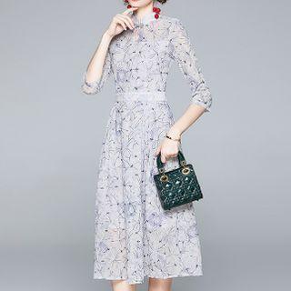Mandarin Collar Floral Midi A-line Dress