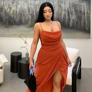 Spaghetti-strap Asymmetrical Slit Midi Sheath Dress