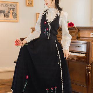 Ruffle Blouse / Flower Embroidered Vest / Maxi A-line Skirt / Set