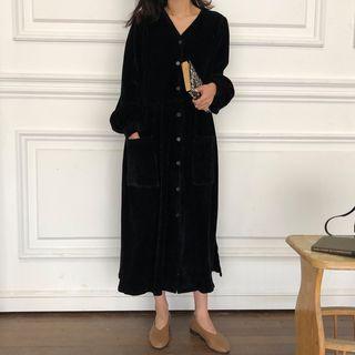 Corduroy V-neck Buttoned Midi A-line Dress