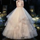 Spaghetti Strap Ruffled Mesh Wedding Ball Gown / Set
