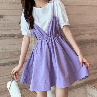 Set: Puff-sleeve Top + Spaghetti Strap Dress
