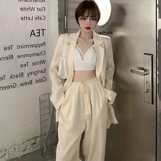 Set: Sheer Blazer + Dress Pants Set Of 2 - Blazer & Pants - Beige - One Size