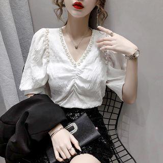 Faux Pearl Puff-sleeve Ruched Blouse