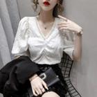 Faux Pearl Puff-sleeve Ruched Blouse