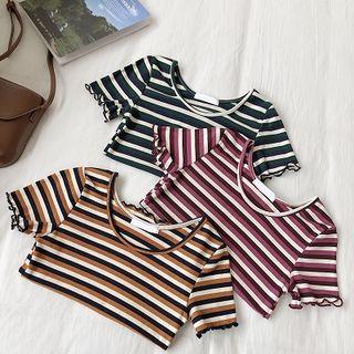 Color-block Striped Crewneck Roll Up Short-sleeve Top