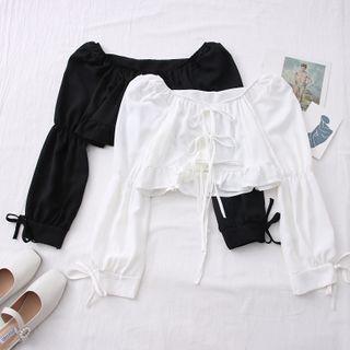 Ribbon-front Wide-neck Crop Blouse