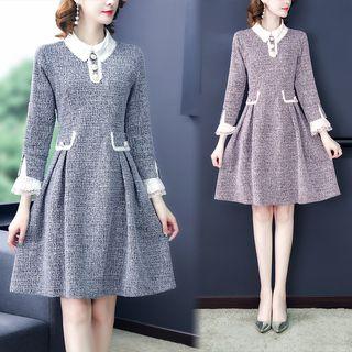 Lace Trim Long-sleeve A-line Melange Dress