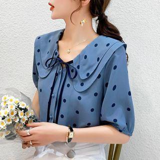Tie-neck Elbow-sleeve Dotted Blouse
