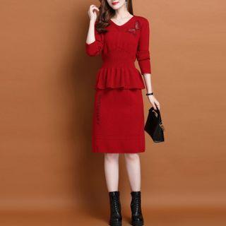 Set: Butterfly Embroidered Knit Top + A-line Knit Skirt