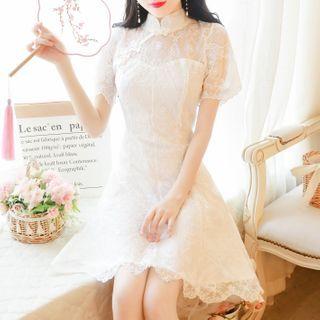 Short-sleeve Lace Embroidered Qipao Dress