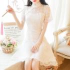 Short-sleeve Lace Embroidered Qipao Dress
