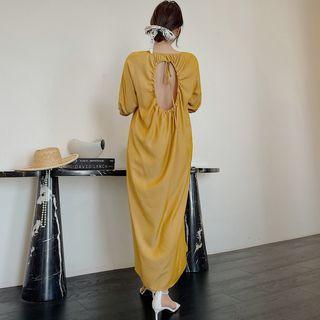 Elbow-sleeve Open-back Midi Dress