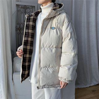 Plaid-lined Hooded Padded Zip Jacket