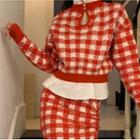 Plaid Sweater / Ruffle Hem Pencil Skirt