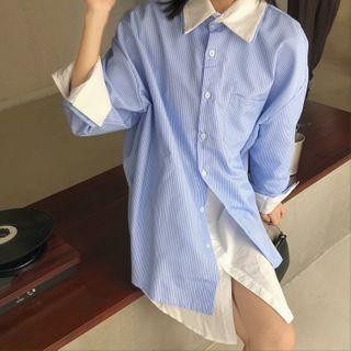 Long-sleeve Mock Two-piece Striped Loose Fit Shirt Blue & White - One Size