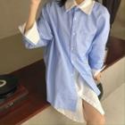 Long-sleeve Mock Two-piece Striped Loose Fit Shirt Blue & White - One Size