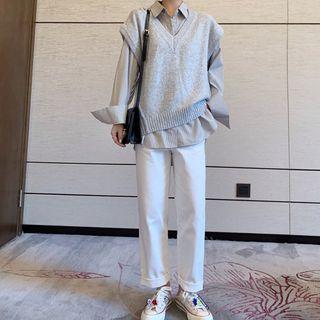 V-neck Knit Vest / Pinstriped Shirt / Cropped Straight-cut Pants