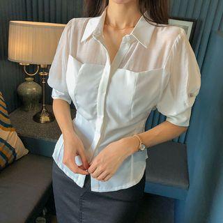 Sheer-yoke Elbow-sleeve Shirt