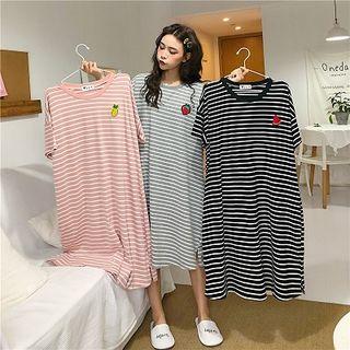 Fruit Embroidered Striped Short-sleeve Dress